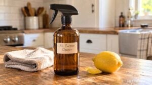 Amber glass spray bottle labeled All Purpose Cleaner, sitting on a wooden counter next to a folded cloth and a lemon.