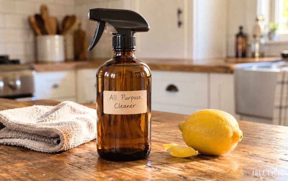 Amber glass spray bottle labeled All Purpose Cleaner, sitting on a wooden counter next to a folded cloth and a lemon.