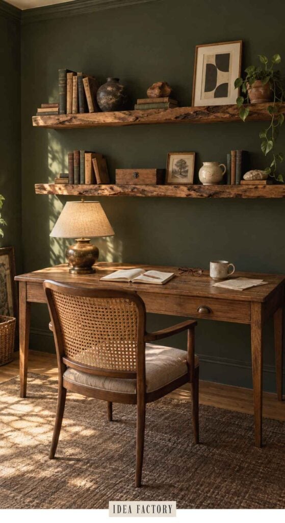 A wooden desk and a rattan-back chair sit in front of an olive green wall featuring two floating shelves filled with books, decor, and a framed print.