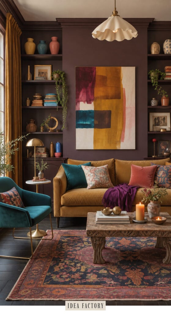 A mustard sofa anchors this moody living room, featuring teal and patterned pillows, built-in shelves, a large abstract painting, and a carved wooden coffee table.