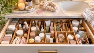 A bathroom vanity drawer organized with bamboo dividers holding various beauty gifts, skincare products, jars, and tools.