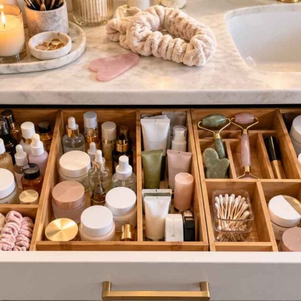 A bathroom vanity drawer organized with bamboo dividers holding various beauty gifts, skincare products, jars, and tools.
