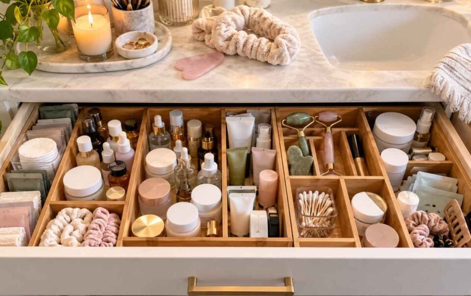 A bathroom vanity drawer organized with bamboo dividers holding various beauty gifts, skincare products, jars, and tools.