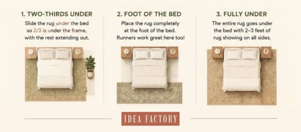 Three diagrams showing rug placement under a bed: two-thirds under, at the foot of the bed, and fully under the bed.