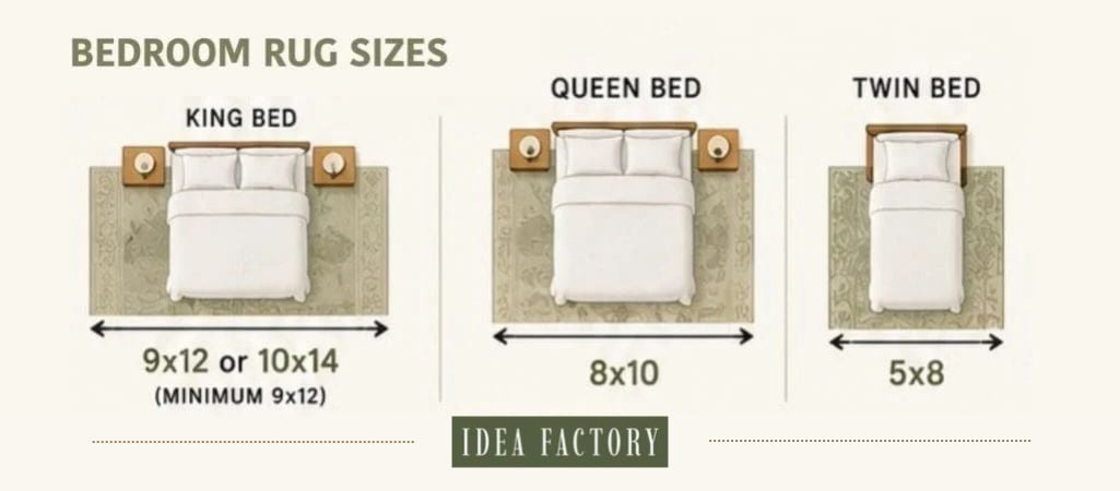 Diagram showing recommended bedroom rug sizes for king, queen, and twin beds, with measurements of 9x12 or 10x14, 8x10, and 5x8 respectively.