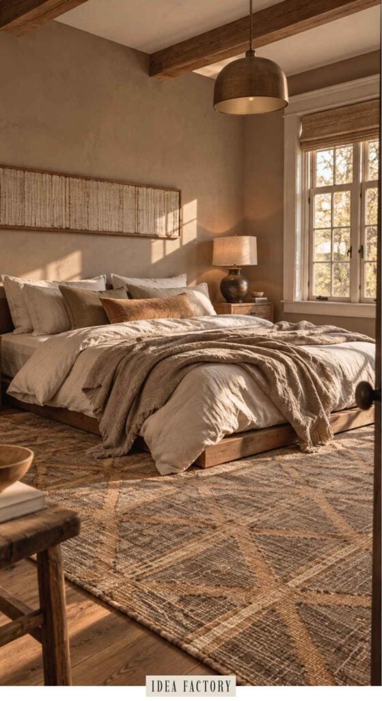 A bedroom with a low wooden bed platform, layered neutral bedding, a hanging pendant light, and a large patterned area rug.