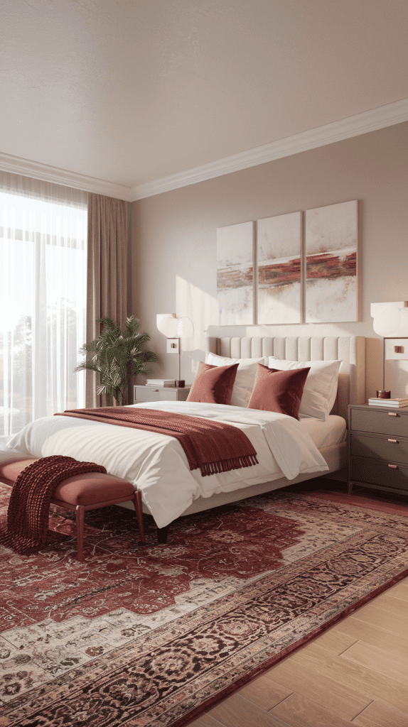 Modern bedroom with a white bed, burgundy accents, and a large patterned area rug.