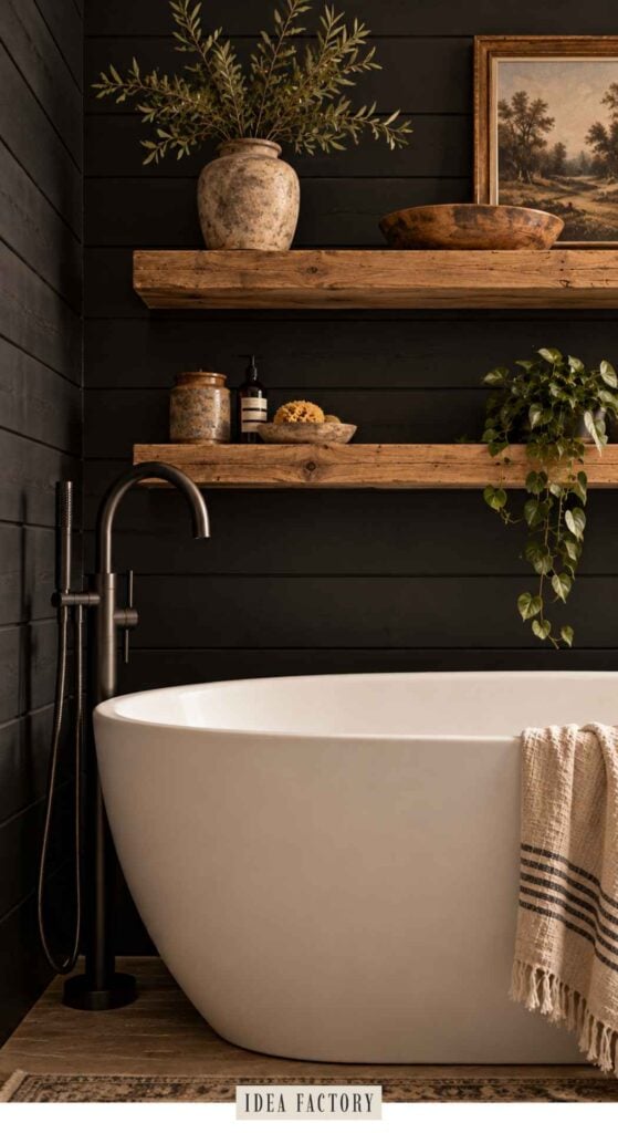A white soaking tub with a floor-mounted faucet stands against black shiplap walls, featuring two wooden floating shelves decorated with a plant, pottery, and a landscape painting.