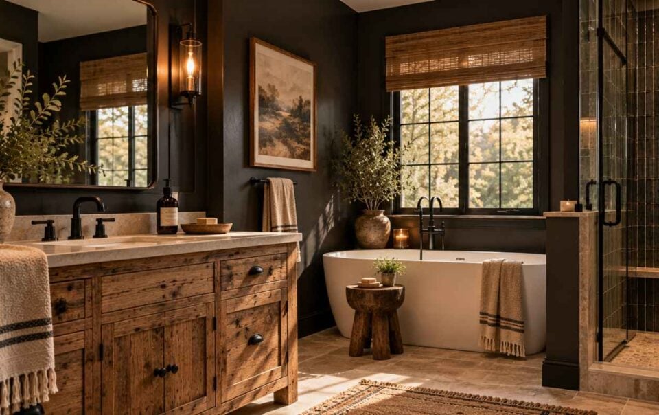 Modern rustic bathroom with a wooden vanity, freestanding white bathtub, glass-enclosed shower, and dark walls.
