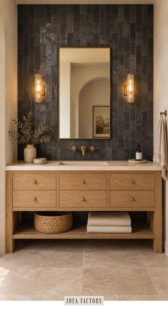 A wooden bathroom vanity with a stone countertop and integrated sink, featuring a brass faucet and mirror centered against a dark tiled wall.
