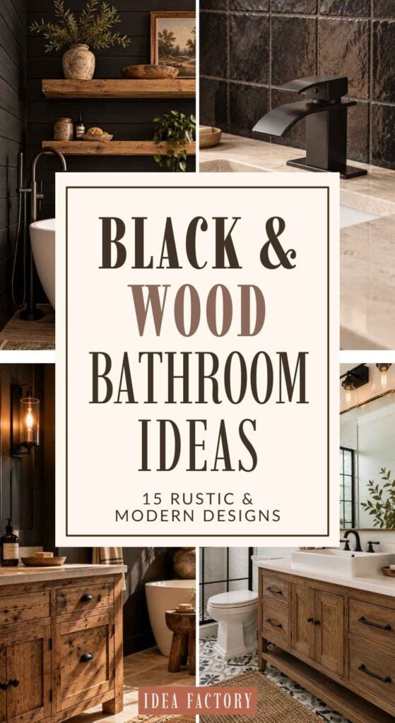 Collage of bathroom interiors featuring wood cabinets and black accents, with text overlay reading Black & Wood Bathroom Ideas, 15 Rustic & Modern Designs.
