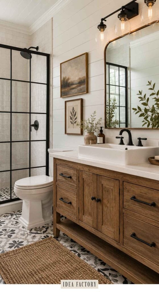Bathroom vanity with a white rectangular sink and wooden cabinets, next to a toilet and a walk-in shower with a black frame.