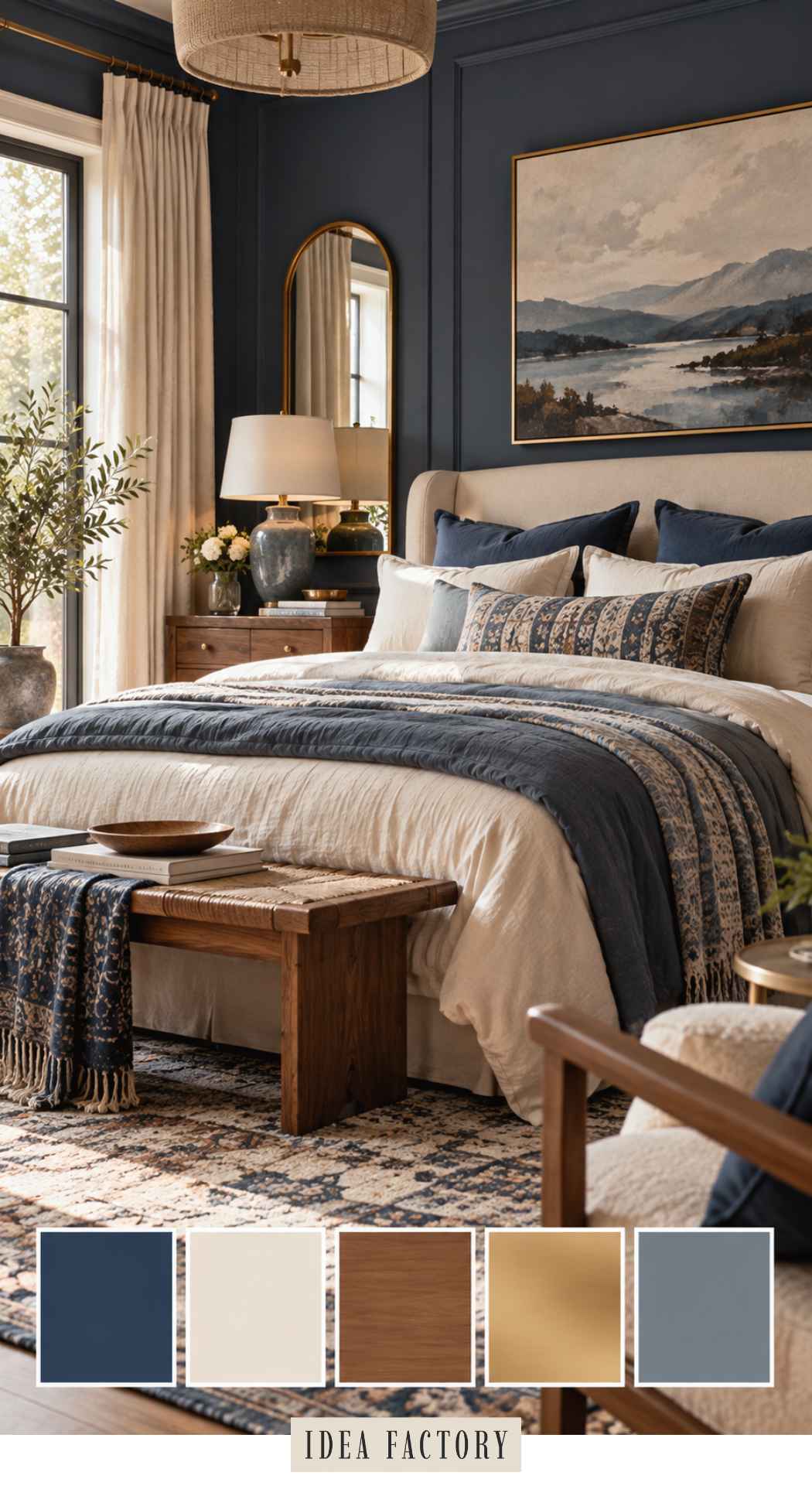 A bedroom with a bed featuring layered neutral and blue bedding, a wooden bench at the foot, and a landscape painting above the headboard, displayed with a five-color palette below.