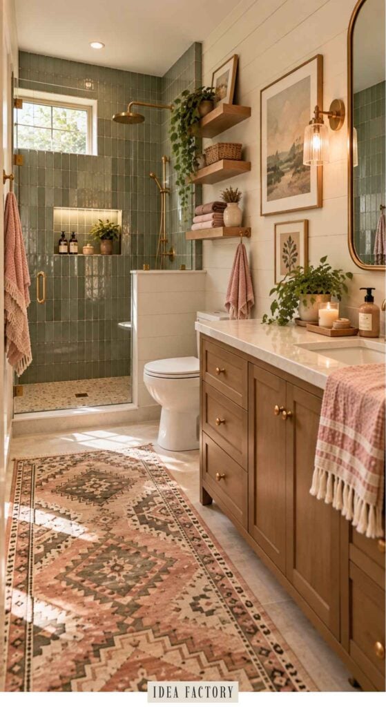 A pink and green bathroom featuring a walk-in shower with subway tile, a wooden vanity, and a patterned area rug on the floor.