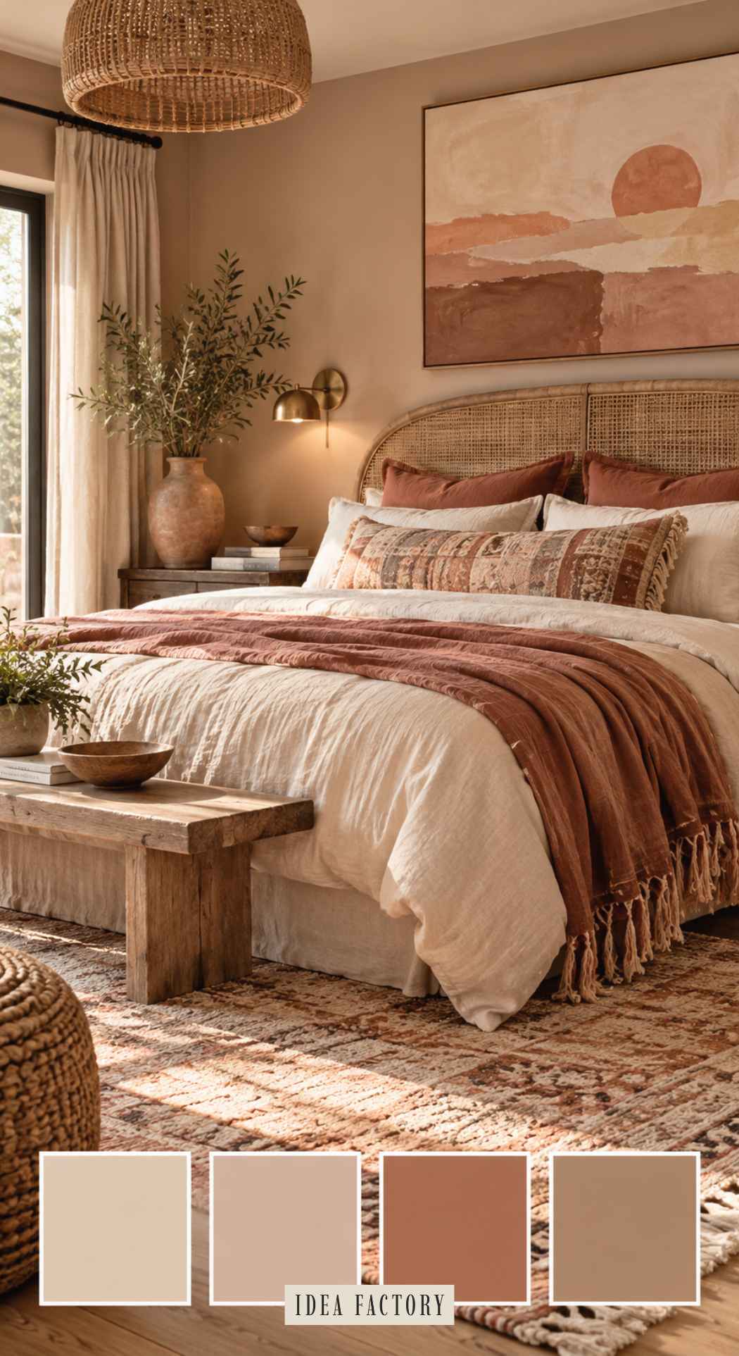 A bedroom with a wicker headboard, beige bedding, and terracotta accents, featuring a color palette swatch at the bottom labeled Idea Factory.