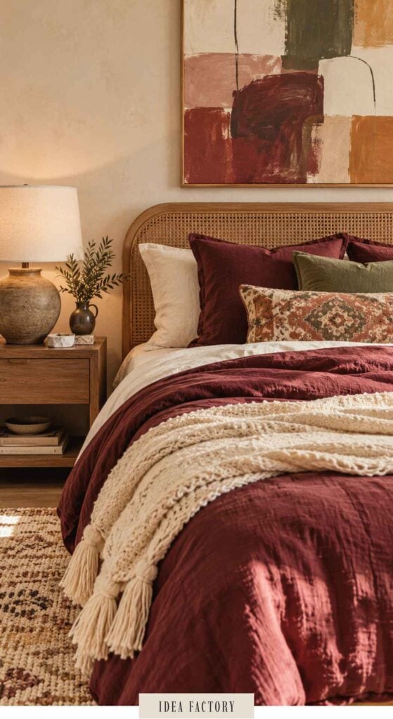 A bedroom with a cane headboard, burgundy bedding, a cream-colored knit throw, and an abstract painting on the wall.