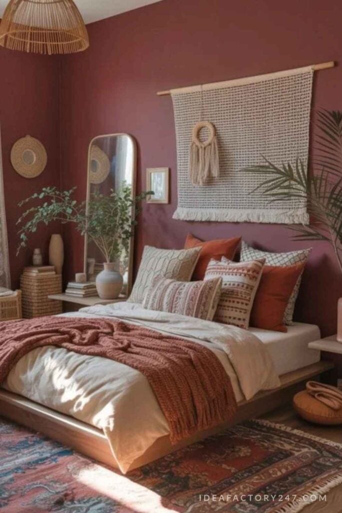 A bedroom with a platform bed, rust-colored walls, and a large macrame wall hanging above the bed.