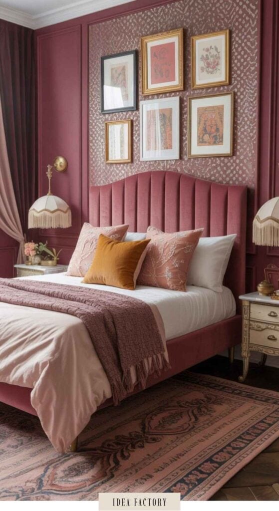 A bedroom with a pink upholstered headboard, layered bedding, and a gallery wall of framed art above the bed.