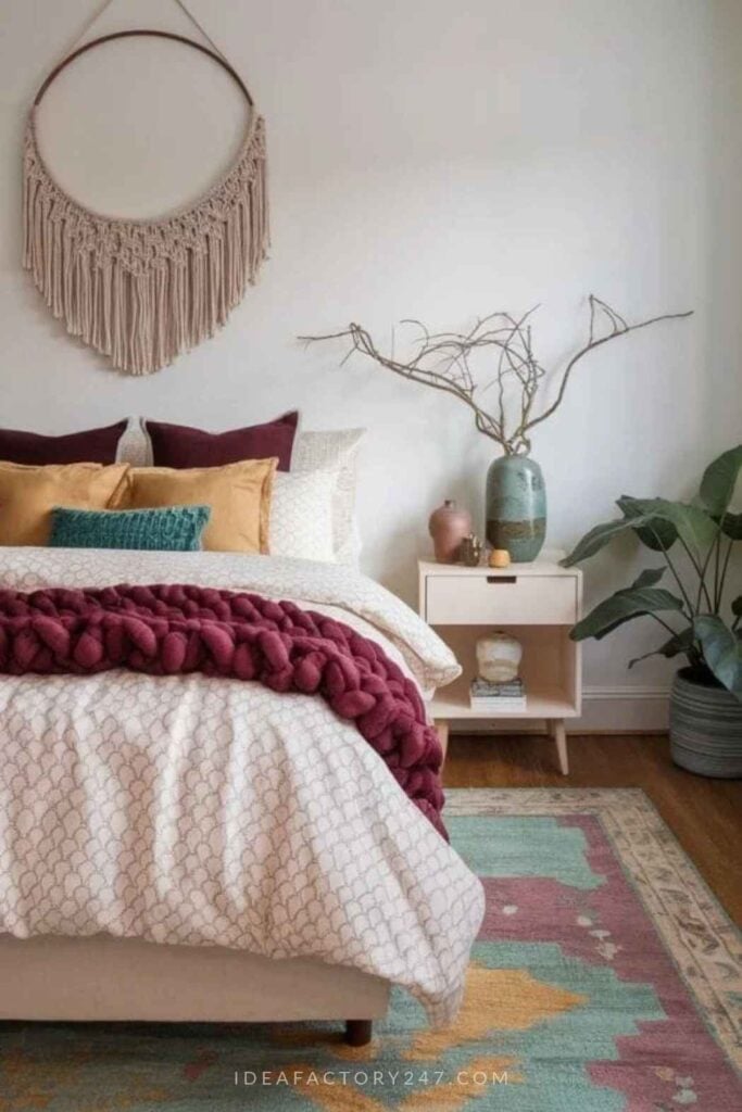 A bed with a patterned comforter and chunky knit maroon throw, featuring a macramé wall hanging above the headboard and a nightstand with a vase and branches.