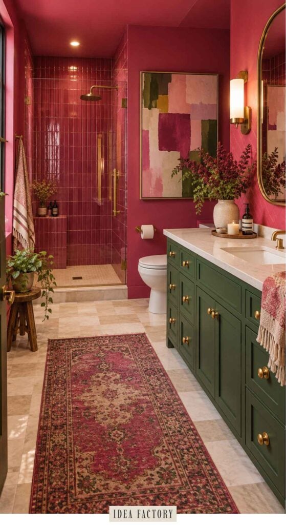 Bathroom with deep pink walls and tiled shower, a green vanity with white countertops, and a patterned runner rug on a tiled floor.