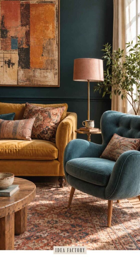 A mustard sofa with patterned cushions next to a blue armchair, with a large abstract painting on a dark wall and a floor lamp nearby in the living room.