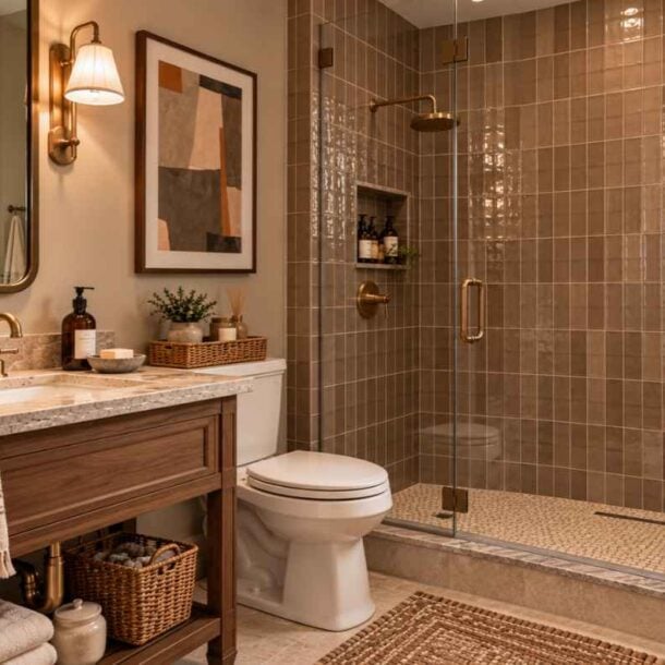 A bathroom featuring a wooden vanity with a stone countertop, a toilet, and a glass-enclosed shower with brown tiled walls.