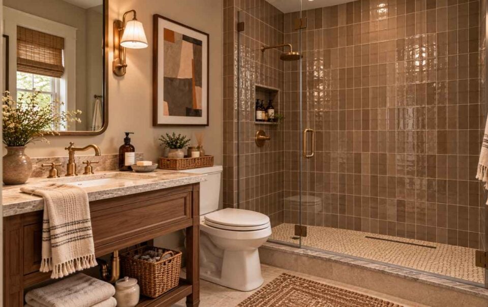 A bathroom featuring a wooden vanity with a stone countertop, a toilet, and a glass-enclosed shower with brown tiled walls.