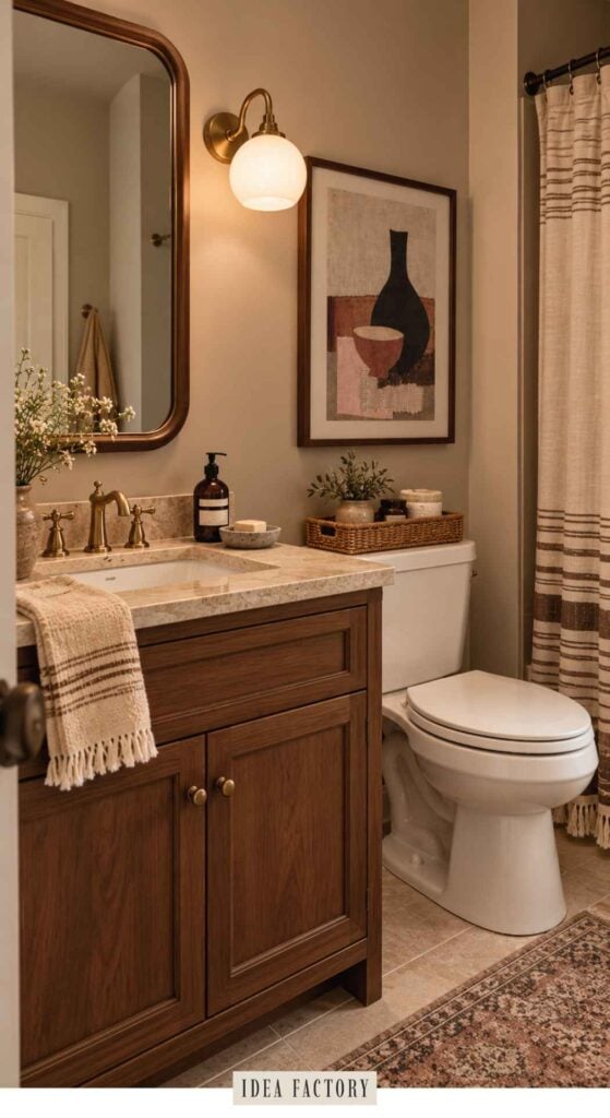 A bathroom with a wooden vanity, marble countertop, brass fixtures, a toilet, a framed art print, and a striped shower curtain.