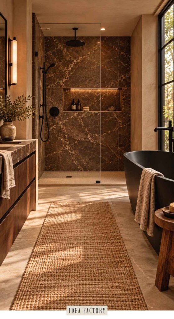 A bathroom featuring a walk-in shower with brown marble walls, a matte black freestanding bathtub, and a woven runner rug on the tile floor.