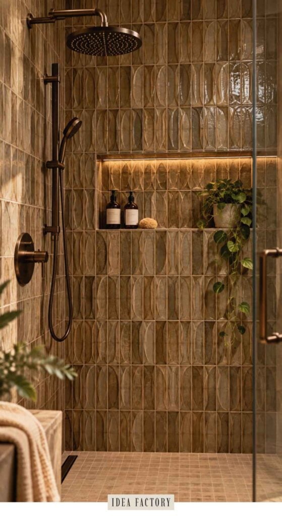 A walk-in shower with a rainfall showerhead, bronze fixtures, textured olive-green wall tiles, and a recessed niche containing two bottles and a potted trailing plant.