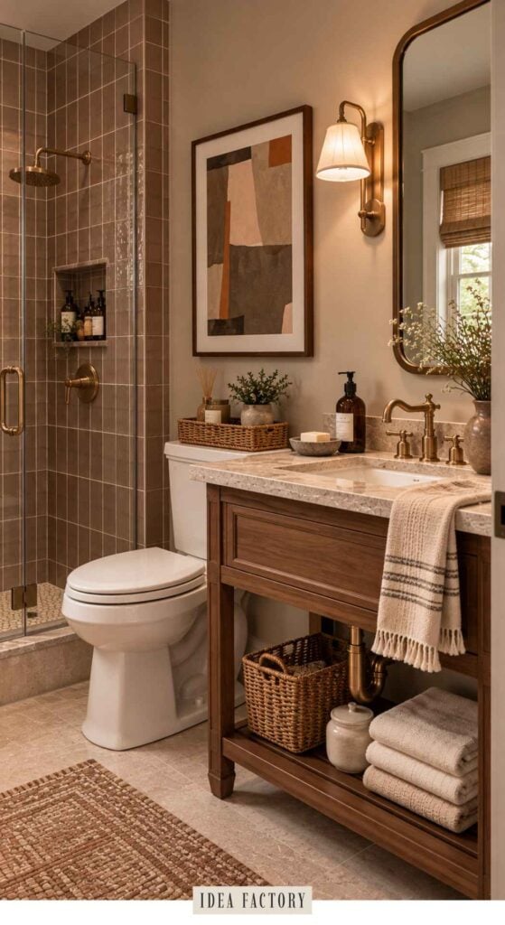 Bathroom with a walk-in shower, a wood vanity with a stone countertop, a toilet, and an abstract framed print on the wall.