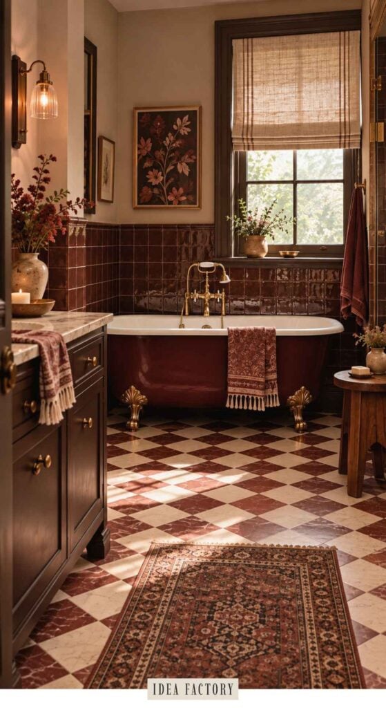 A bathroom with a dark red clawfoot bathtub, brass fixtures, and a checkered red-and-white tile floor.