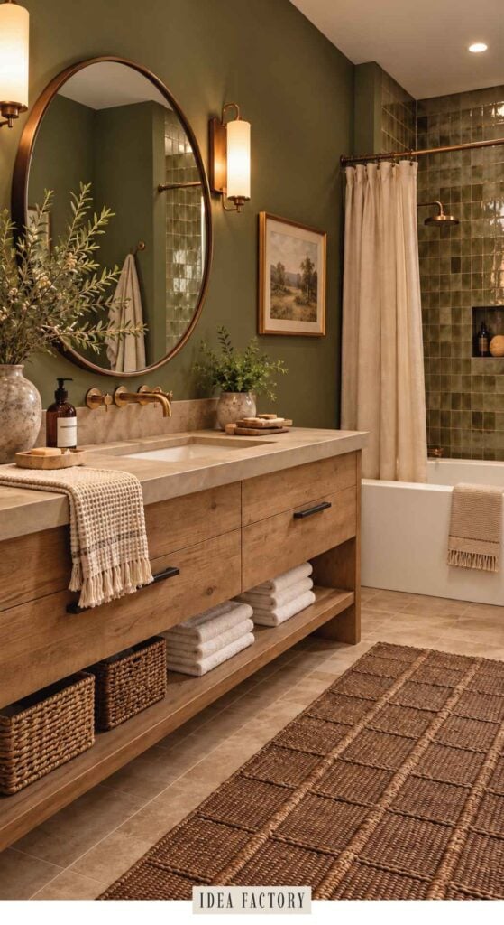 Bathroom with an olive green wall, a wood vanity with a concrete countertop, a circular mirror, and a tiled bathtub area.
