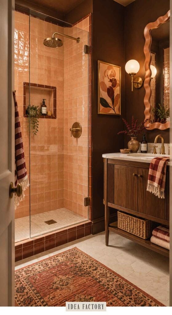 Bathroom with a glass-enclosed shower featuring peach-colored tiles, a dark wood vanity with a marble top, and a vintage-style rug on the floor.