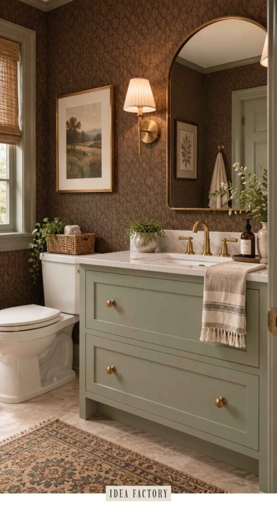 A bathroom with a sage green vanity, brass fixtures, a white stone countertop, and dark patterned wallpaper.