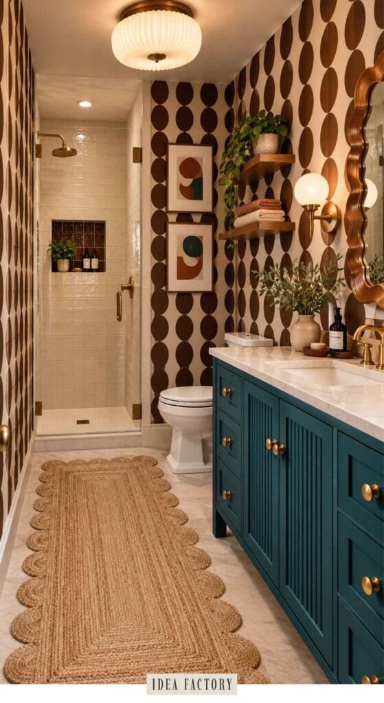 A bathroom featuring dark teal vanity cabinets, brown and white patterned wallpaper, a scalloped jute runner on the floor, and a walk-in shower.