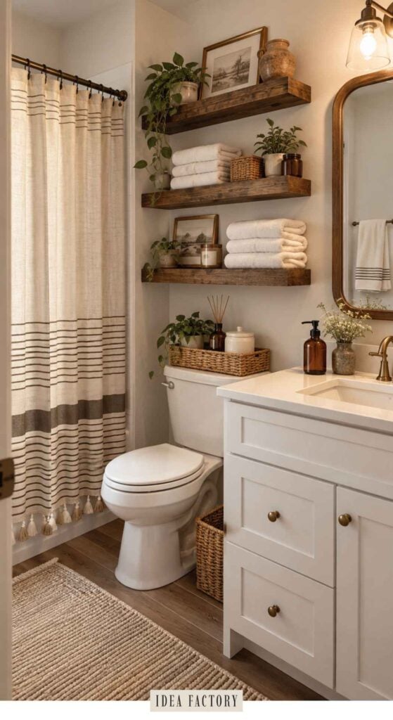 A bathroom interior with a white vanity, a toilet, a shower curtain with horizontal stripes and tassels, and three wooden shelves holding folded white towels, plants, and framed art.