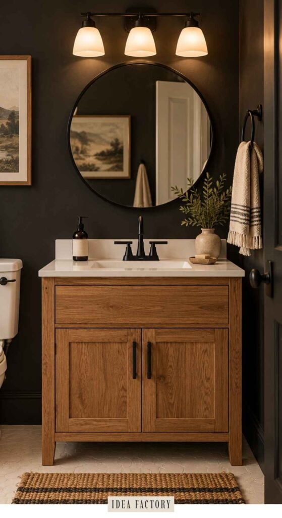 A wooden bathroom vanity with a white countertop, black faucet, and a round mirror mounted on a dark wall.