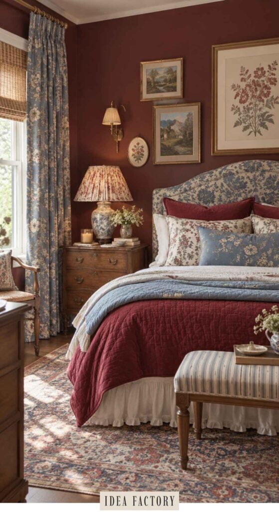 A cozy bedroom with a red quilt, floral-patterned headboard, and blue floral curtains, featuring a bedside lamp and framed art on the dark red walls, perfect for burgundy bedroom ideas.