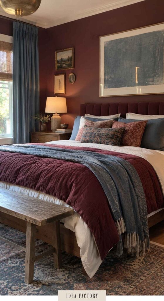 A bedroom featuring burgundy bedroom ideas, with a maroon upholstered bed, layered blue and maroon bedding, a wooden bench at the foot of the bed, and framed artwork on a dark red wall.