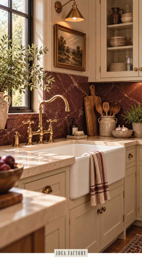 A farmhouse sink with a brass faucet and dark red marble backsplash, exemplifying earthy kitchen ideas.