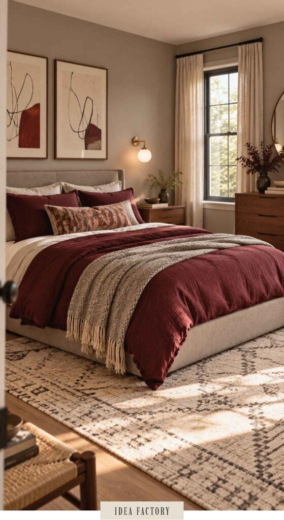 A bedroom featuring a bed with deep red bedding, a grey knitted throw, and two abstract art prints on the wall above the headboard.