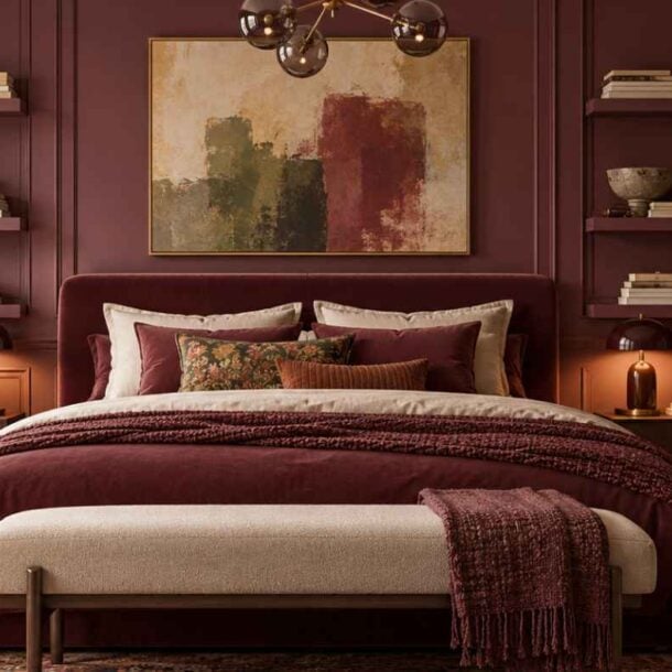 A bedroom with a maroon upholstered bed, beige bedding, a bench at the foot of the bed, and symmetrical shelving flanking an abstract painting on a dark red wall, perfect for burgundy bedroom ideas.