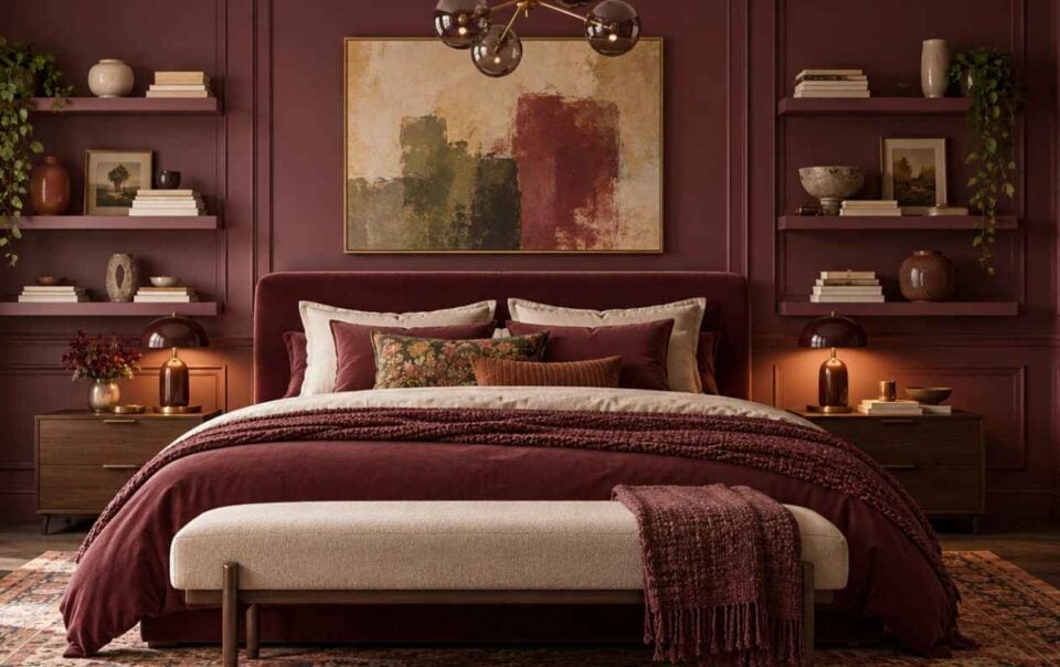 A bedroom with a maroon upholstered bed, beige bedding, a bench at the foot of the bed, and symmetrical shelving flanking an abstract painting on a dark red wall, perfect for burgundy bedroom ideas.