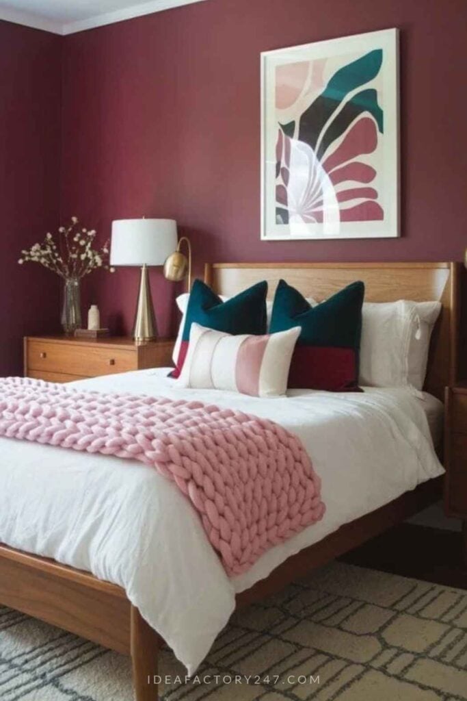 A bedroom with a wooden bed frame, white bedding, a pink chunky knit throw, and dark red walls decorated with abstract art.