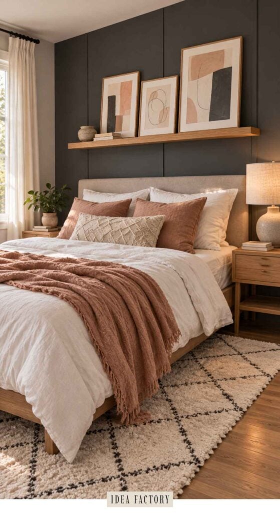 A bed with a white duvet and rust-colored pillows and throw blanket, centered in a room with a wooden headboard, a floating shelf with three framed abstract prints, and a patterned area rug.