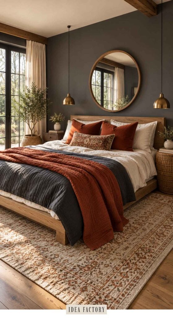 A grey bedroom featuring a wooden bed frame with charcoal and rust-colored bedding, a round mirror, and two hanging pendant lights for a pop of color.