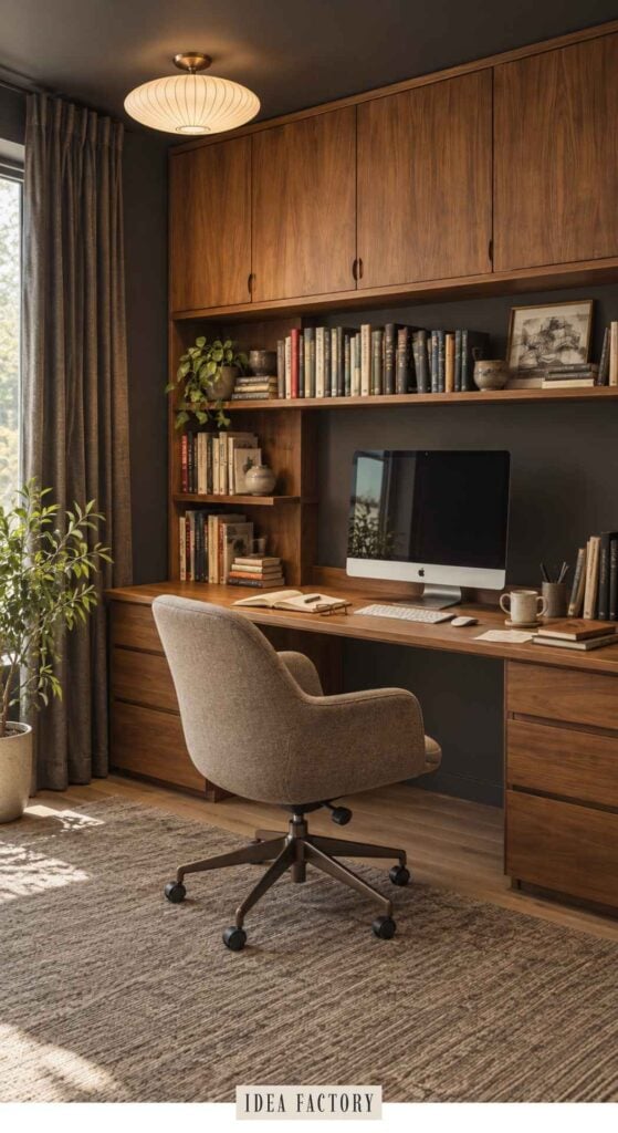 A home office featuring a wooden desk and built-in shelving filled with books, a desktop computer, and a swivel chair.