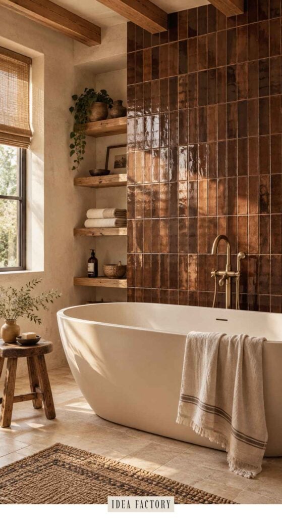 A freestanding white bathtub sits in front of a wall of glossy, vertical brown tiles, with wooden shelves and a small stool nearby.