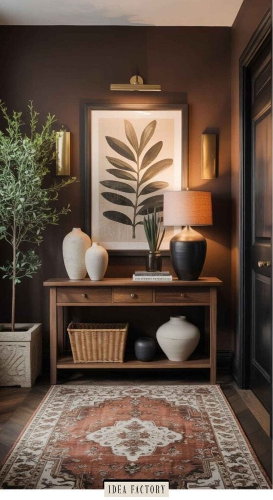 A wood console table against a dark wall holds two vases, a lamp, a framed botanical print, and a basket, with a decorative rug on the floor.